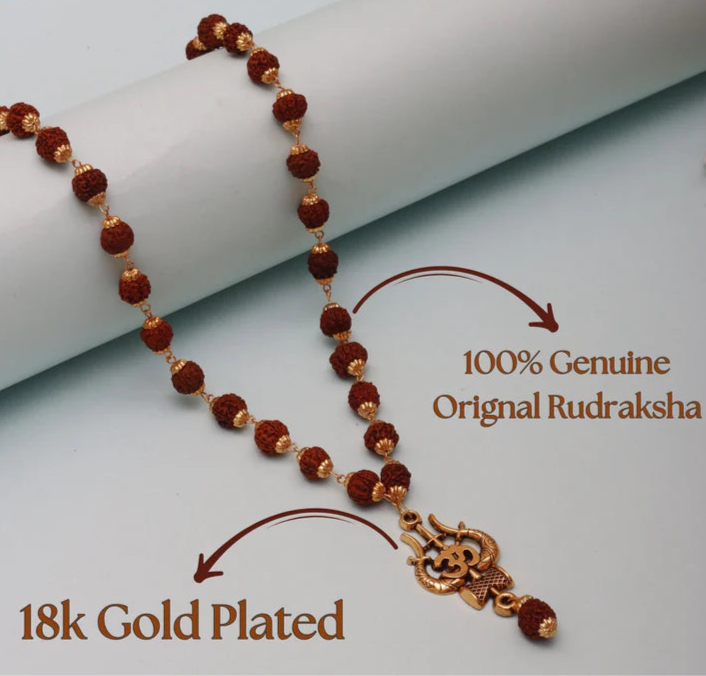 18K Gold Plated Trishul Damru Rudraksha Mala Original Panchmukhi Rudraksha Mala