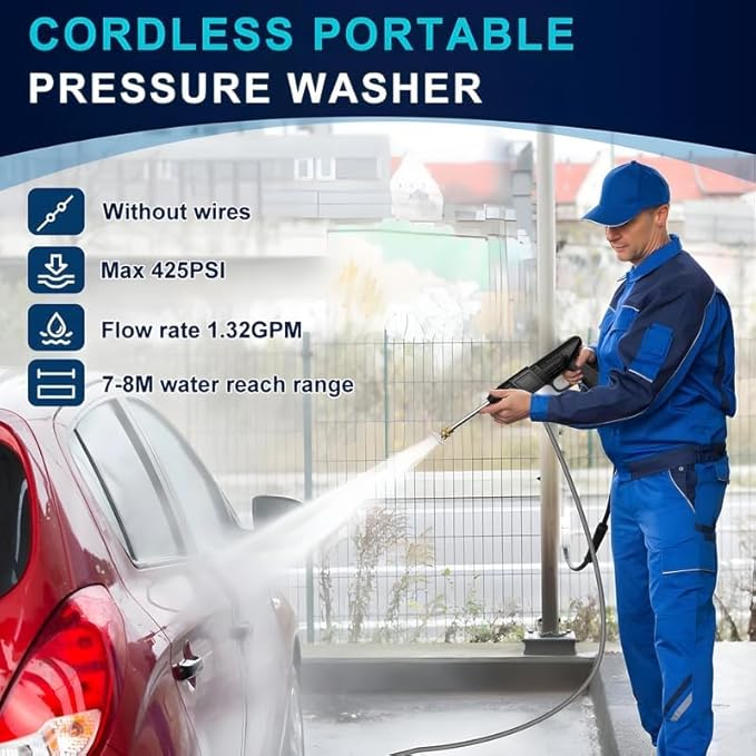 Wireless High Pressure Car Washer & Bike Cleaning 48V Rechargeable Electric Pressure Washer Gun 3in1 Nozzle&5M Hose Pipe