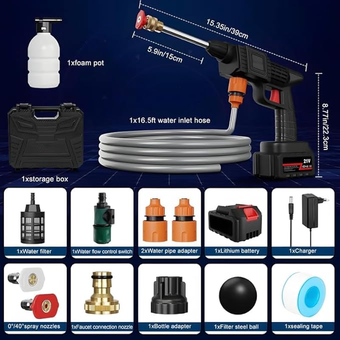 Wireless High Pressure Car Washer & Bike Cleaning 48V Rechargeable Electric Pressure Washer Gun 3in1 Nozzle&5M Hose Pipe