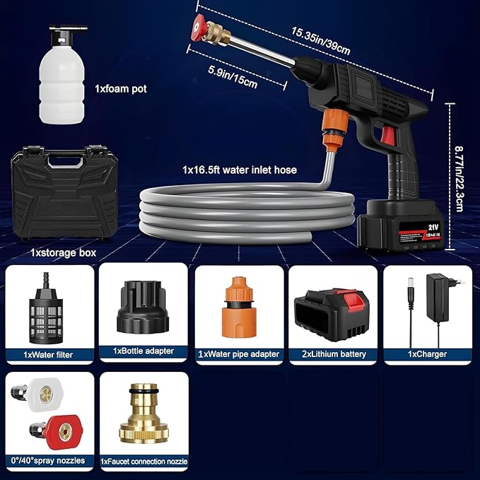 Wireless High Pressure Car Washer & Bike Cleaning 48V Rechargeable Electric Pressure Washer Gun 3in1 Nozzle&5M Hose Pipe