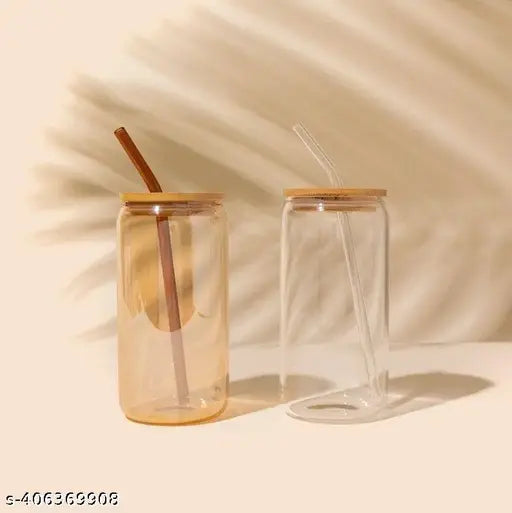 Glass Tumbler with Straw and Wooden Lid (Pack of 2)