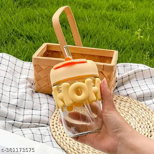 Coffee Cup with Silicone Lid and Glass Straw (Random Color)