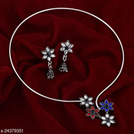 Silver Oxidized Designer Choker Jewellery Set