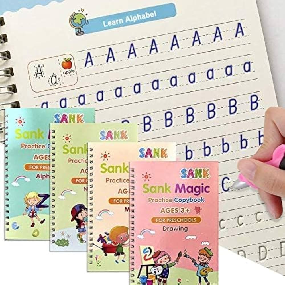 Magic Book for Kids, Sank Magic Practice Copybook, (4 Book+10 Refill+1 Pen+1 Grip)