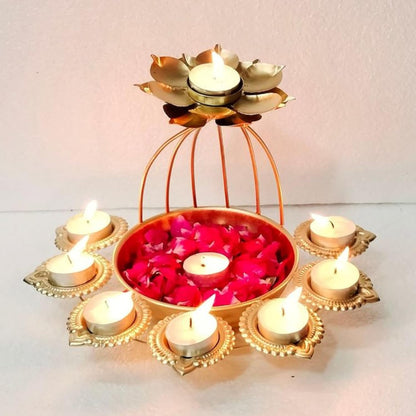 Lotus Shape Iron Urli Bowl and Metal Diya Set