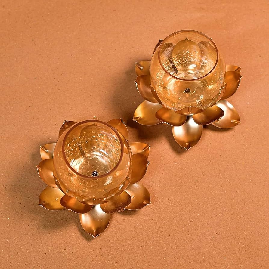 Lotus Flower Shape Tealight Candle Holder with Crackled Glass Cover