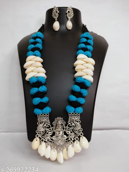 Original Sea Shell Cowrie Necklace Set With Cotton Thread Work Jewellery Set, For Women & Girls for Navratri