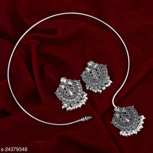 Silver Oxidized Designer Choker Jewellery Set