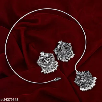 Silver Oxidized Designer Choker Jewellery Set