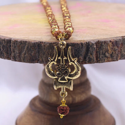 18K Gold Plated Trishul Damru Rudraksha Mala Original Panchmukhi Rudraksha Mala