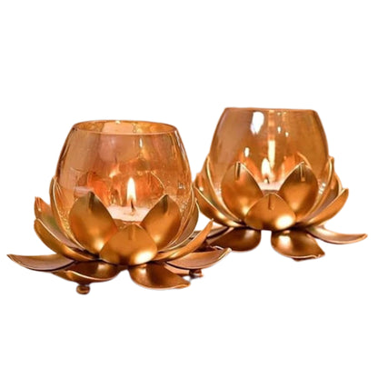 Lotus Flower Shape Tealight Candle Holder with Crackled Glass Cover