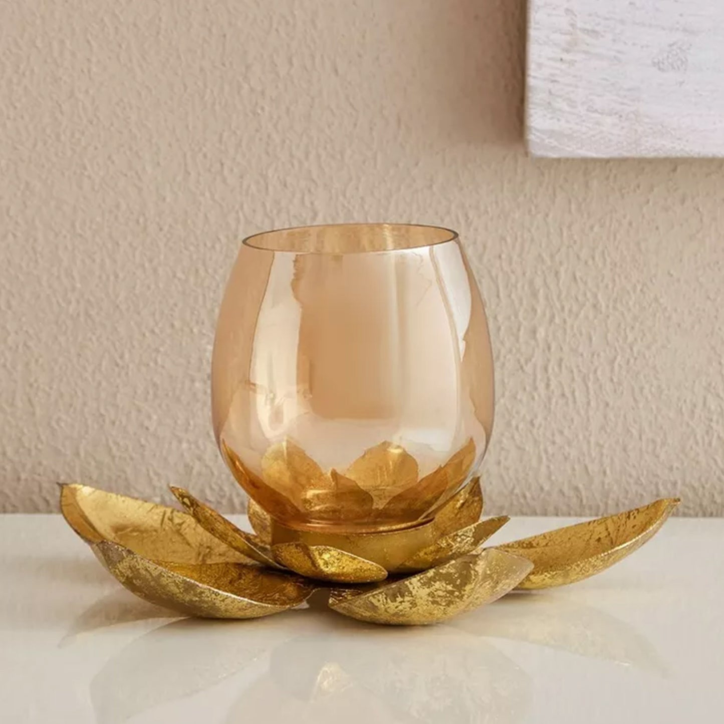 Lotus Flower Shape Tealight Candle Holder with Crackled Glass Cover