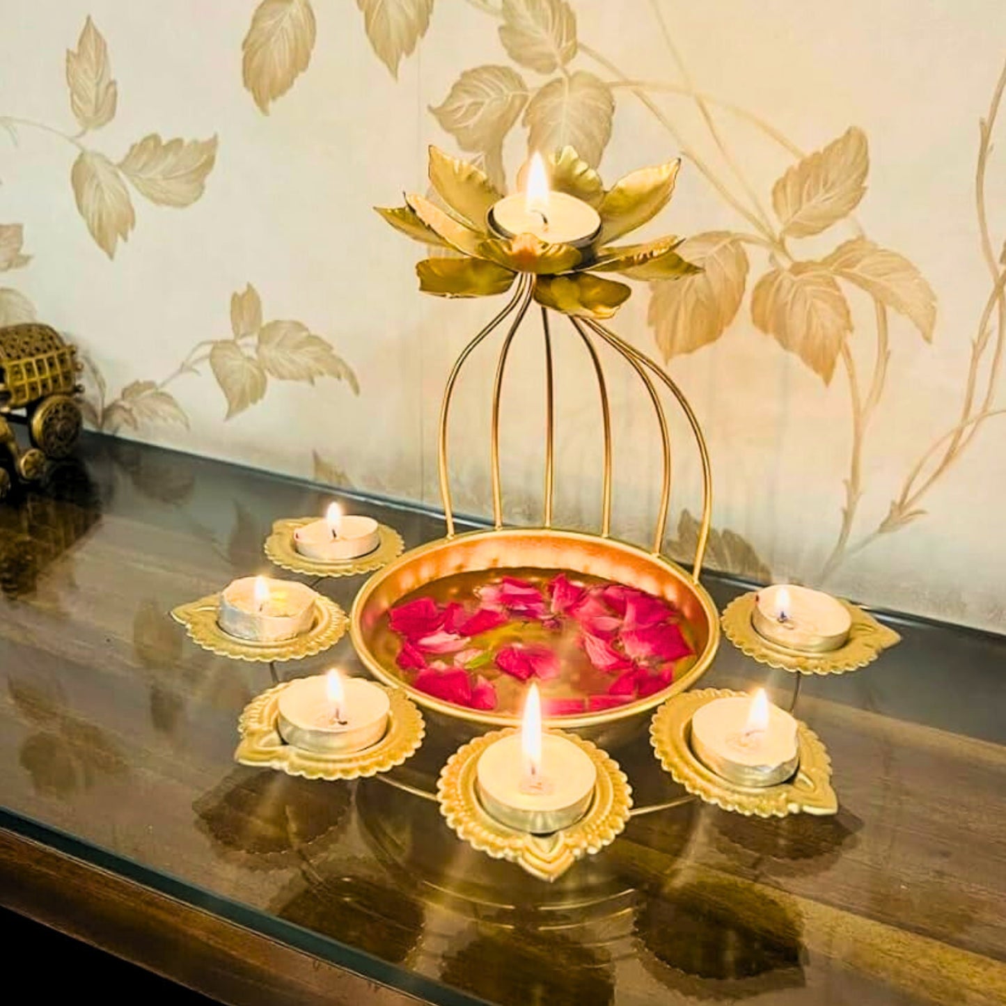 Lotus Shape Iron Urli Bowl and Metal Diya Set