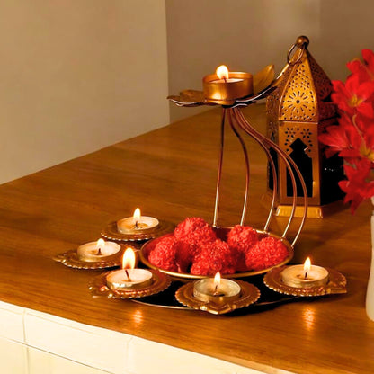 Lotus Shape Iron Urli Bowl and Metal Diya Set