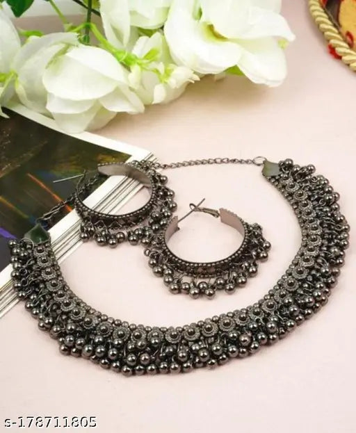 Afghani Oxidised Silver Jewellery Stylish Antique Long Necklace Set for Women & Girls