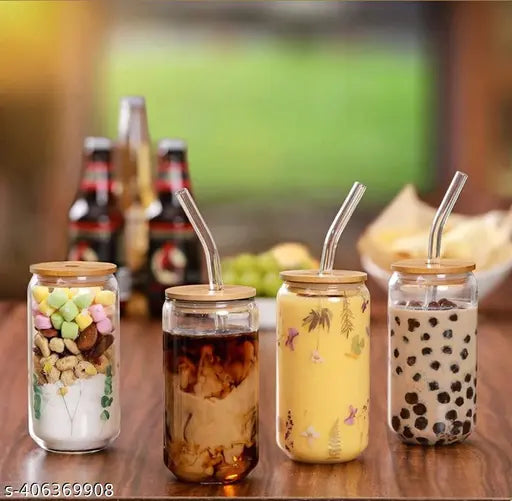 Glass Tumbler with Straw and Wooden Lid (Pack of 2)