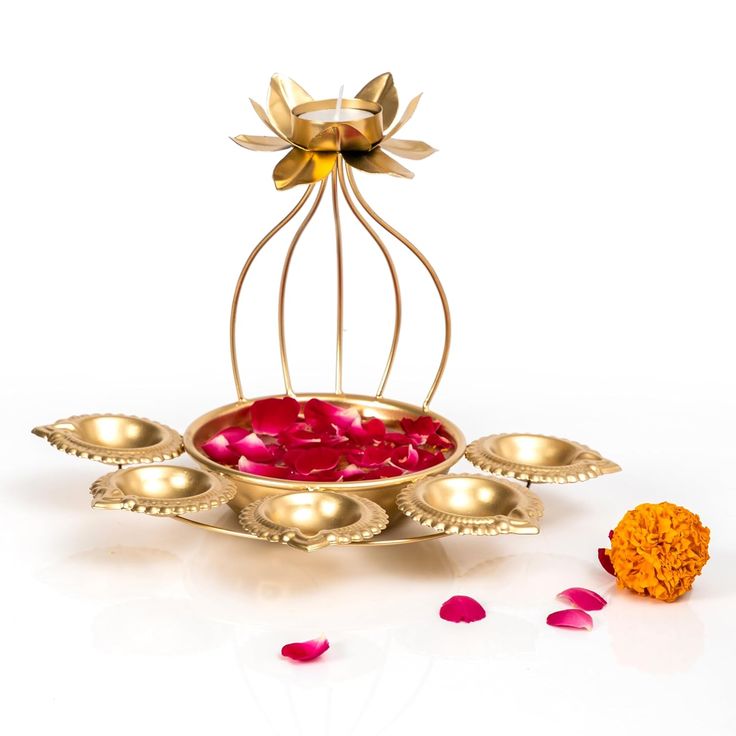 Lotus Shape Iron Urli Bowl and Metal Diya Set