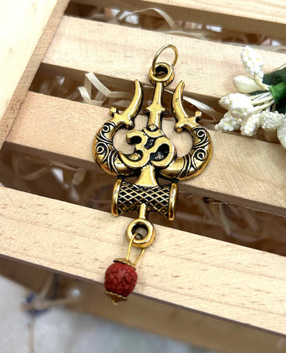 18K Gold Plated Trishul Damru Rudraksha Mala Original Panchmukhi Rudraksha Mala