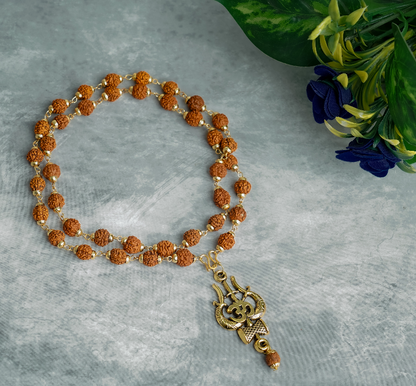 18K Gold Plated Trishul Damru Rudraksha Mala Original Panchmukhi Rudraksha Mala
