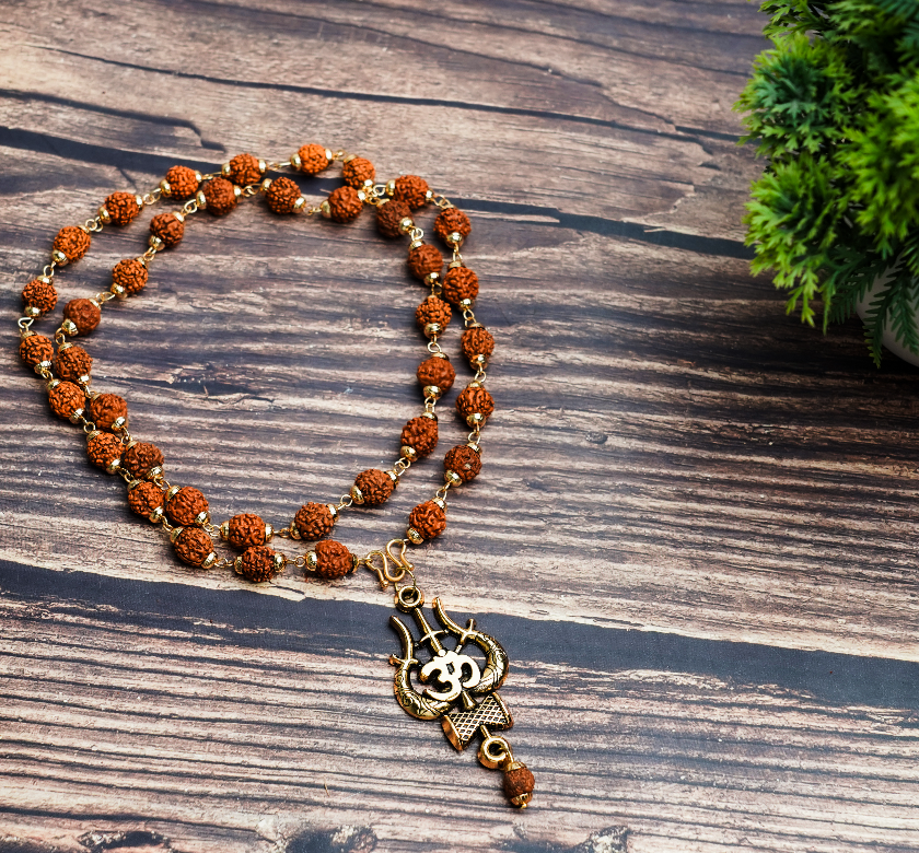 18K Gold Plated Trishul Damru Rudraksha Mala Original Panchmukhi Rudraksha Mala