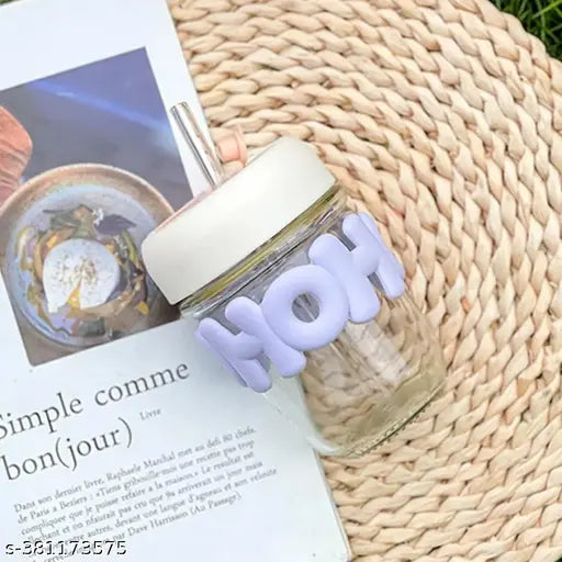 Coffee Cup with Silicone Lid and Glass Straw (Random Color)