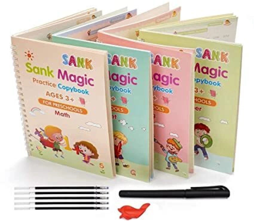 Magic Book for Kids, Sank Magic Practice Copybook, (4 Book+10 Refill+1 Pen+1 Grip)