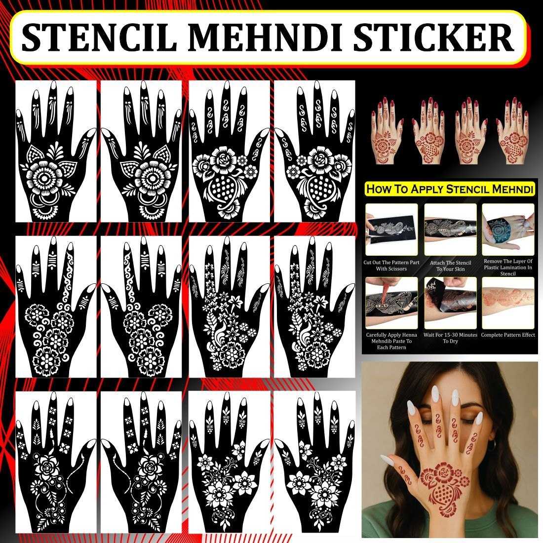 Premium Mehendi Stencil Design Full Hand Set