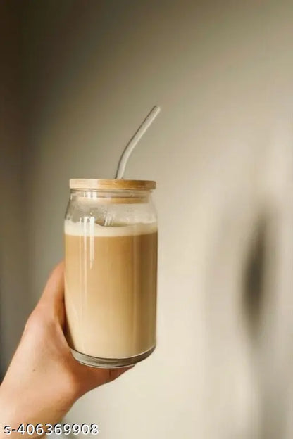 Glass Tumbler with Straw and Wooden Lid (Pack of 2)