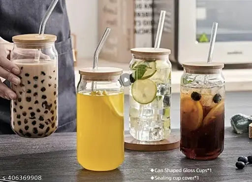 Glass Tumbler with Straw and Wooden Lid (Pack of 2)