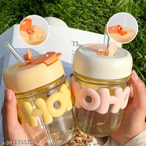 Coffee Cup with Silicone Lid and Glass Straw (Random Color)