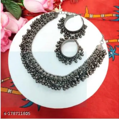 Afghani Oxidised Silver Jewellery Stylish Antique Long Necklace Set for Women & Girls