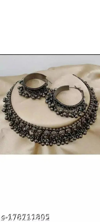 Afghani Oxidised Silver Jewellery Stylish Antique Long Necklace Set for Women & Girls